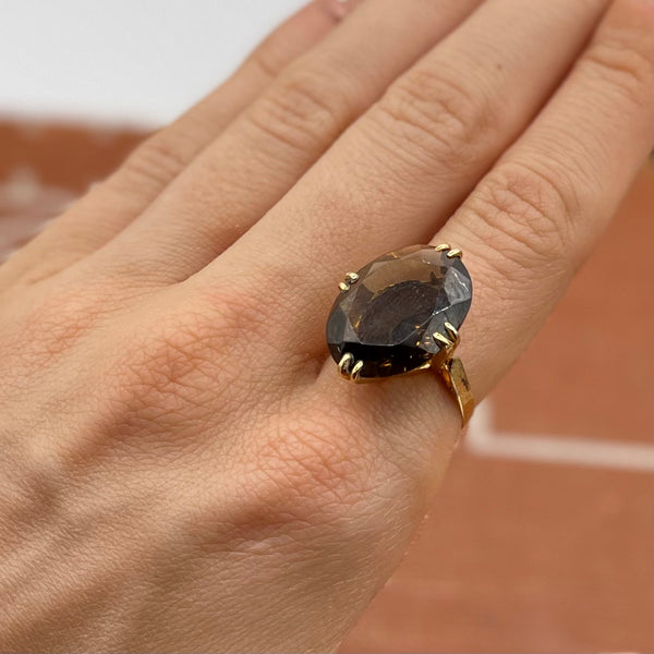 Vintage Gold Sterling Prong Set Faceted Smokey Quartz Statement Ring