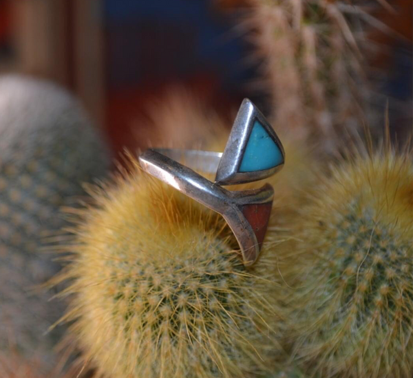 Quartzsite Turquoise + Coral Inlay Ring
