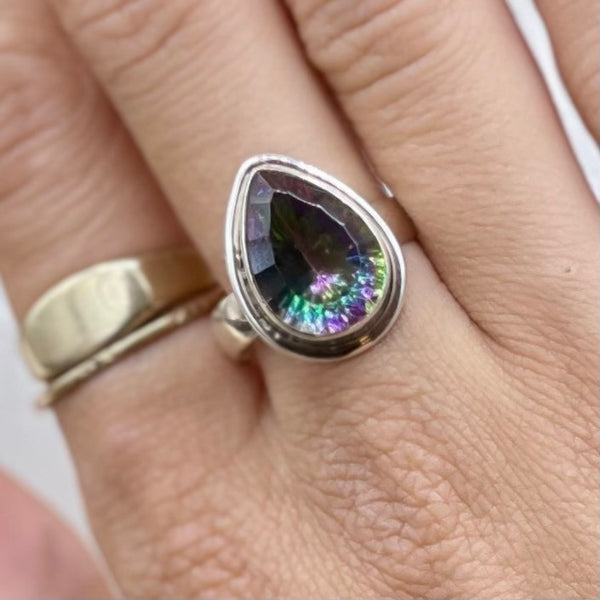Rare Sterling Silver Mystic Topaz Teardrop Ring