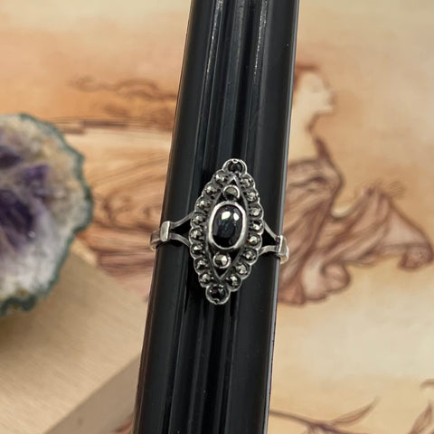 Vintage Onyx and Marcasite Silver Ring