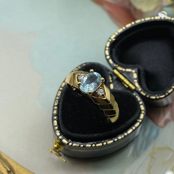 Vintage Chevron 14kt Gold Plated Pale Blue Gem Ring